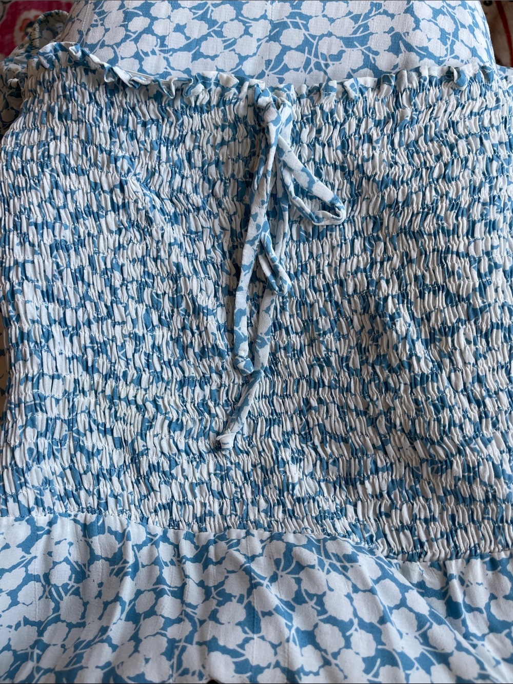 Faithfull the Brand Blue and Cream Floral Smocked Midi Dress - Picture 7 of 7